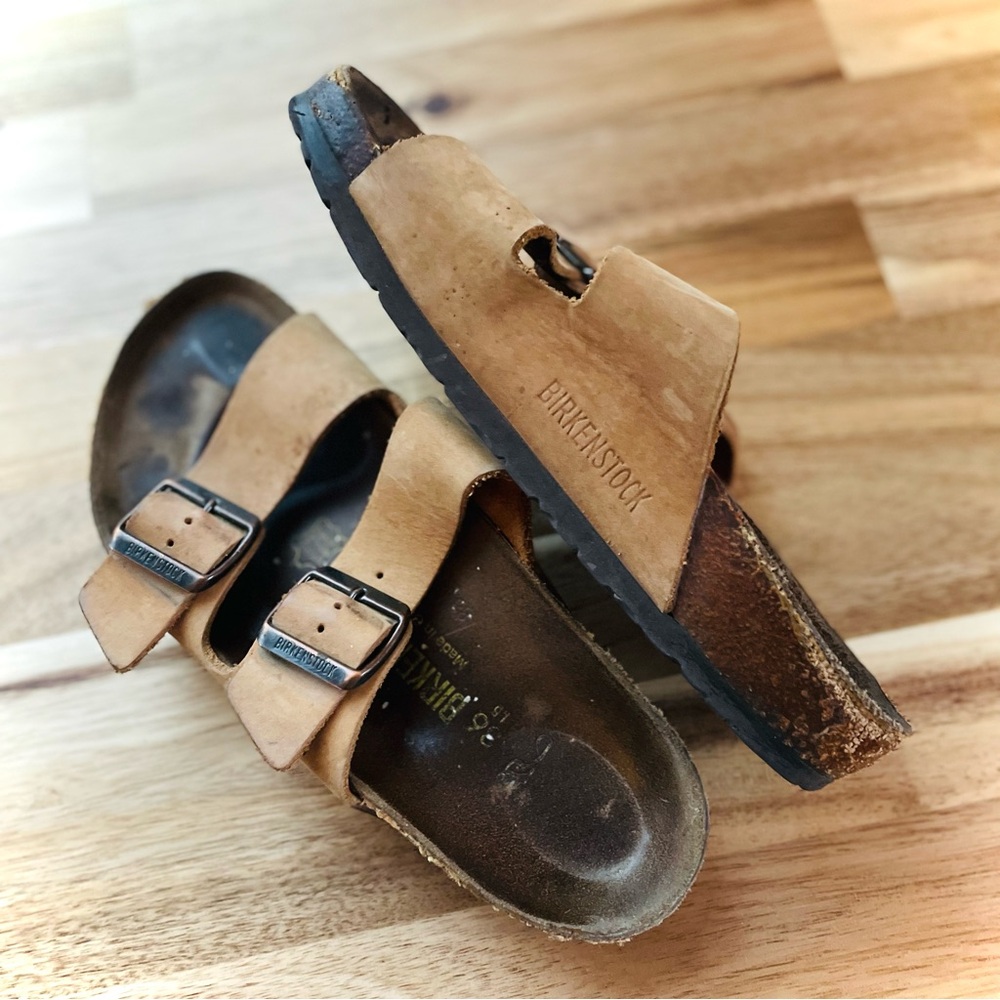 BIRKENSTOCK | 36 | Oiled Leather Cognac Double Strap Buckle Slip-On Sandals